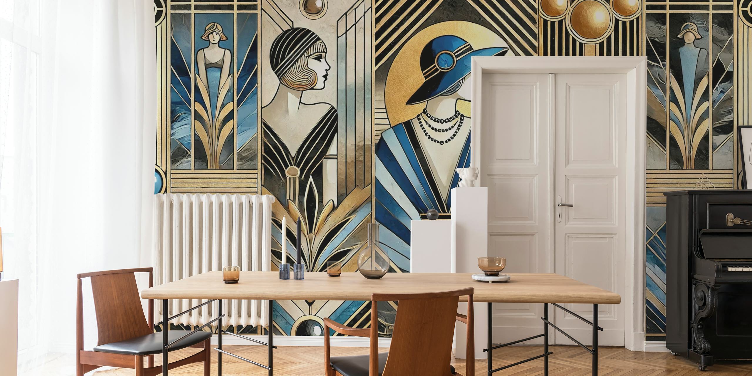Art Deco women in blue and gold pattern wallpaper