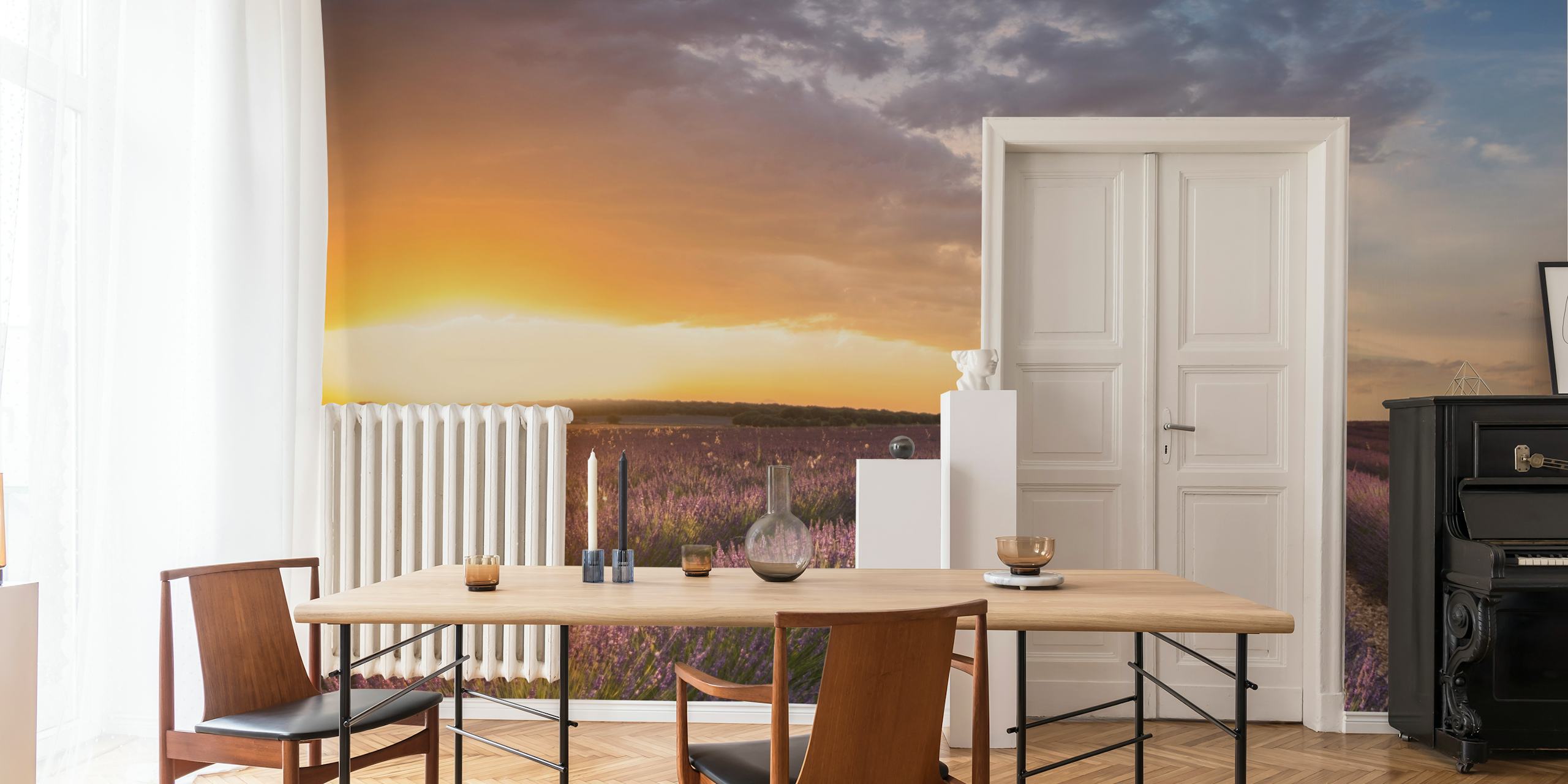 Lavender fields with sunset and a single tree wallpaper