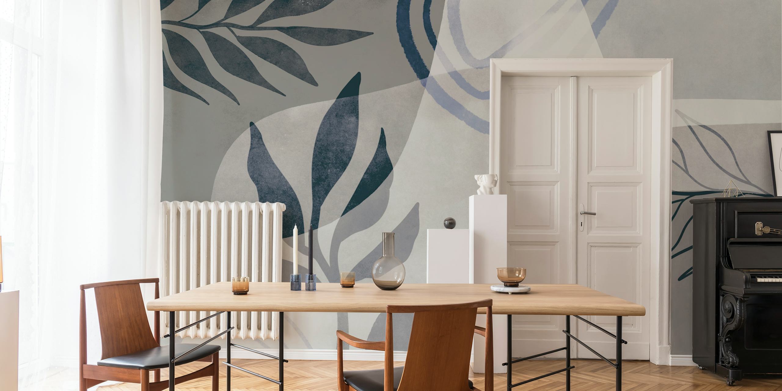 Abstract Botanic Shades Blue Beige papel pintado en una habitación