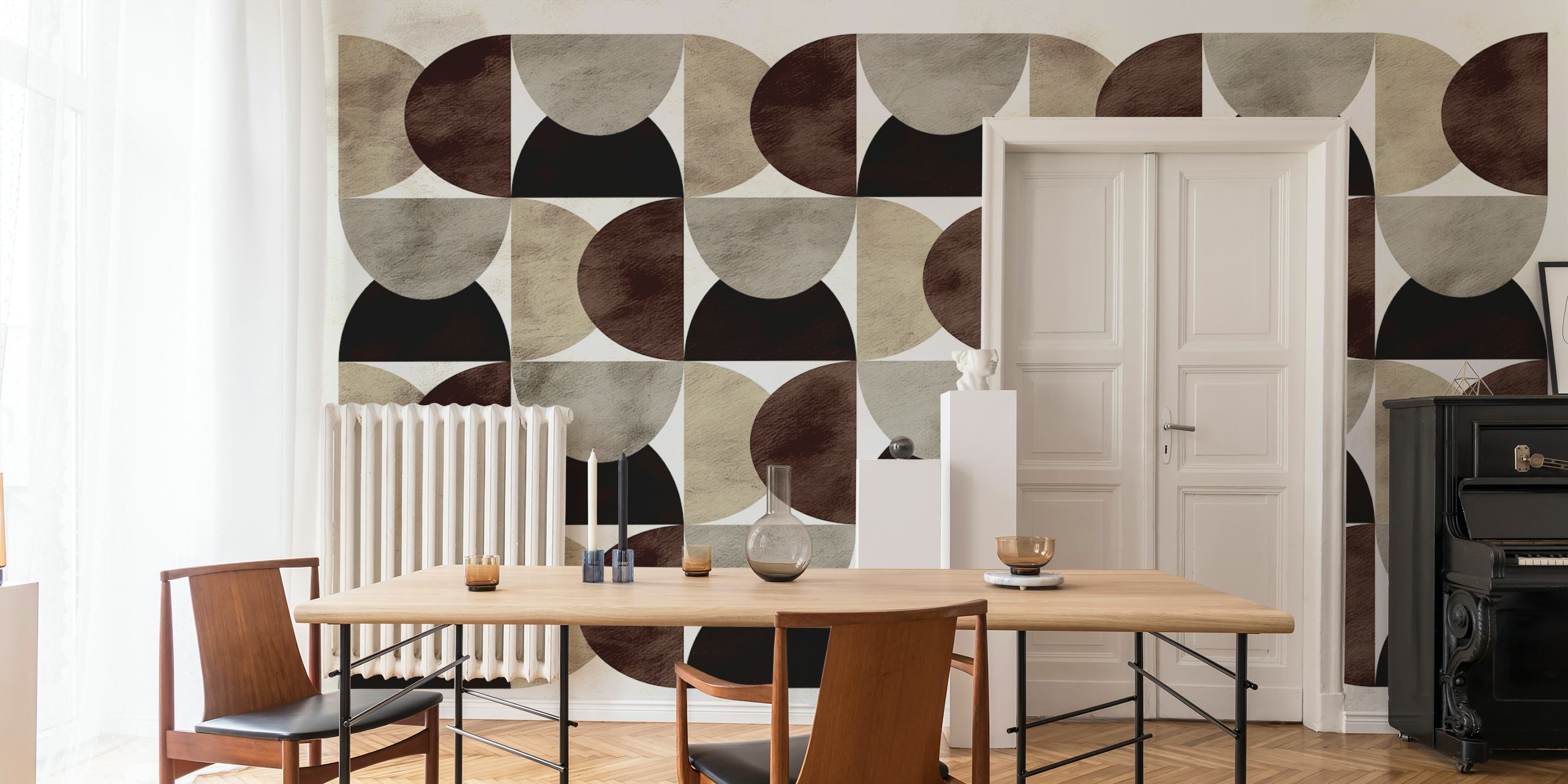 Geometric pattern in earthy tones of black, cream, and gray wallpaper