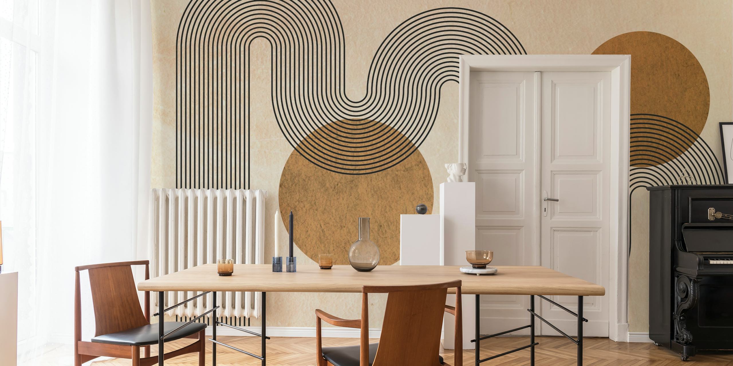 Abstract circular pattern in brown and black on beige wallpaper