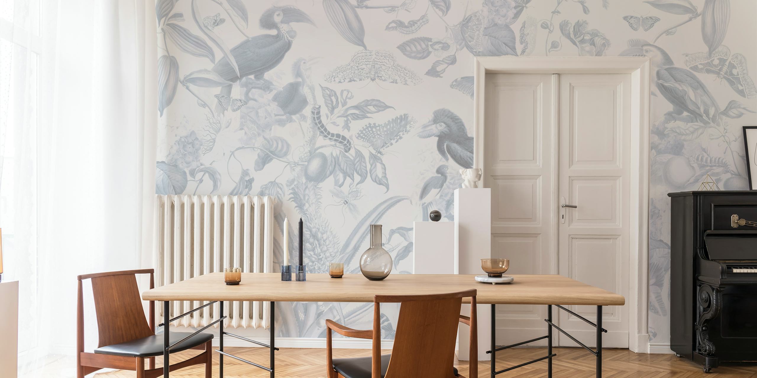Tropical bird and foliage design in gray tones wallpaper