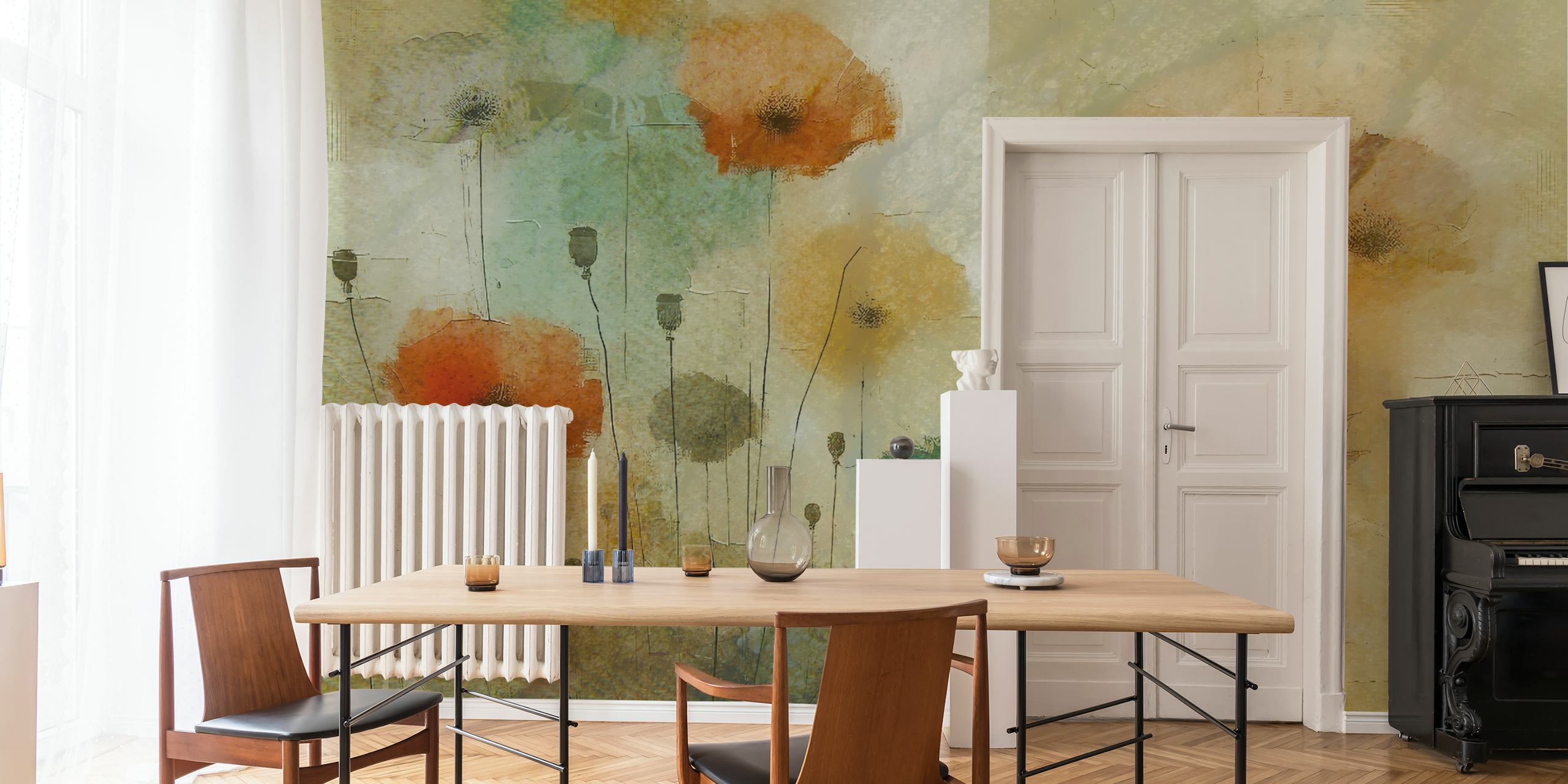 Rustic floral wallpaper with poppies in orange, yellow, and teal shades