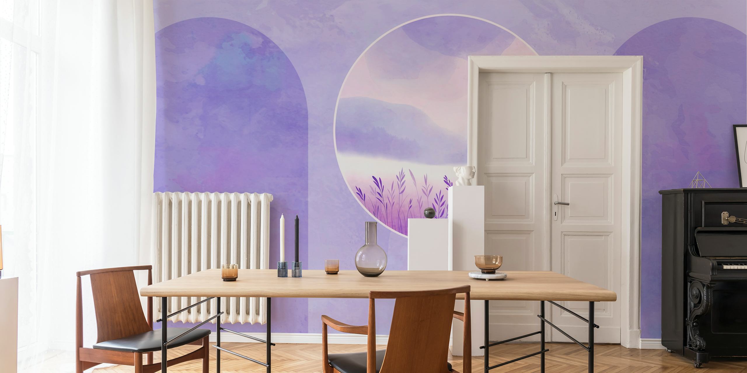 Lavender field landscape in soft purple tones wallpaper