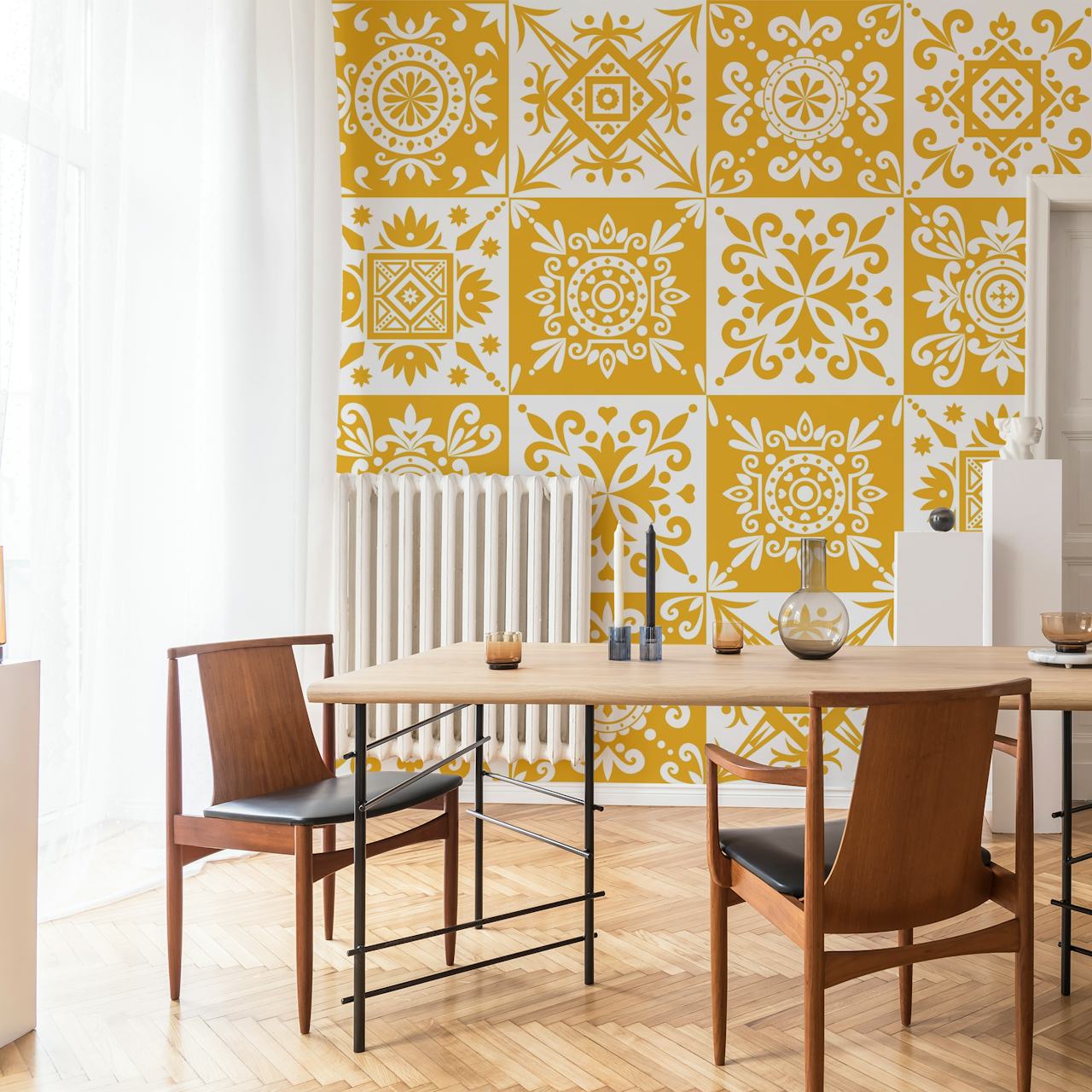 Floral patterns in saffron yellow and white wallpaper