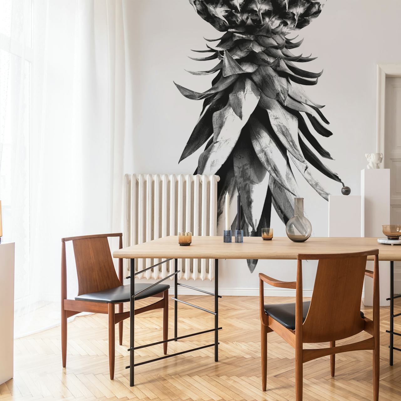 Monochromatic wall mural of an upside down pineapple with detailed texture
