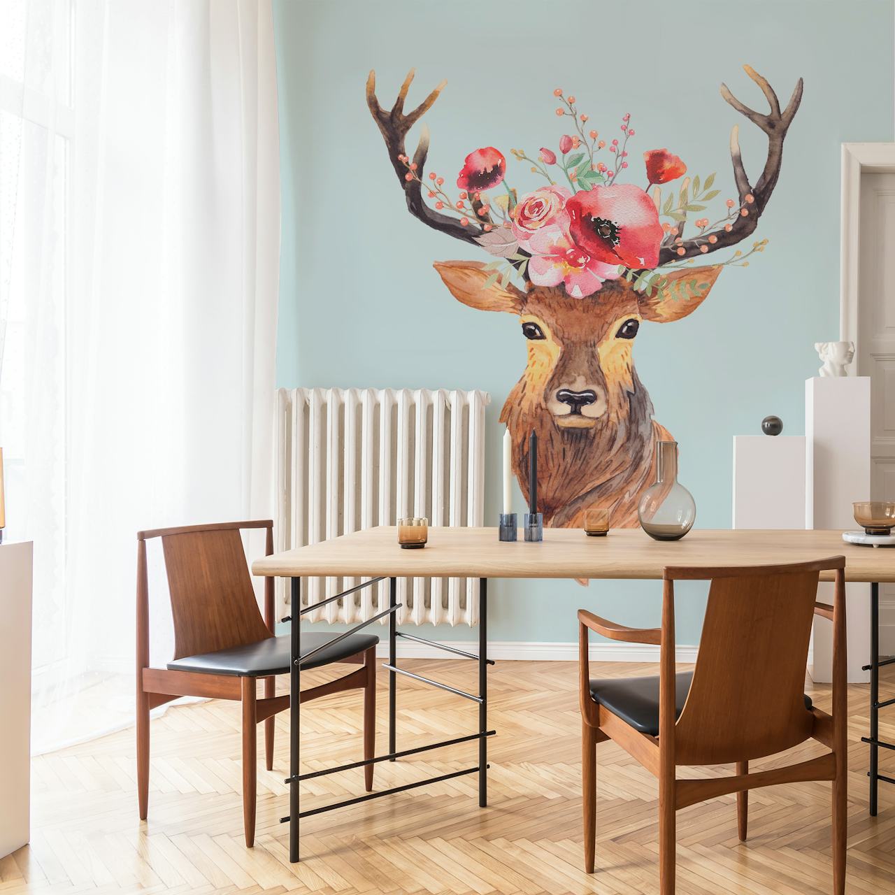 Bohemian deer with floral crown and antlers on blue wallpaper