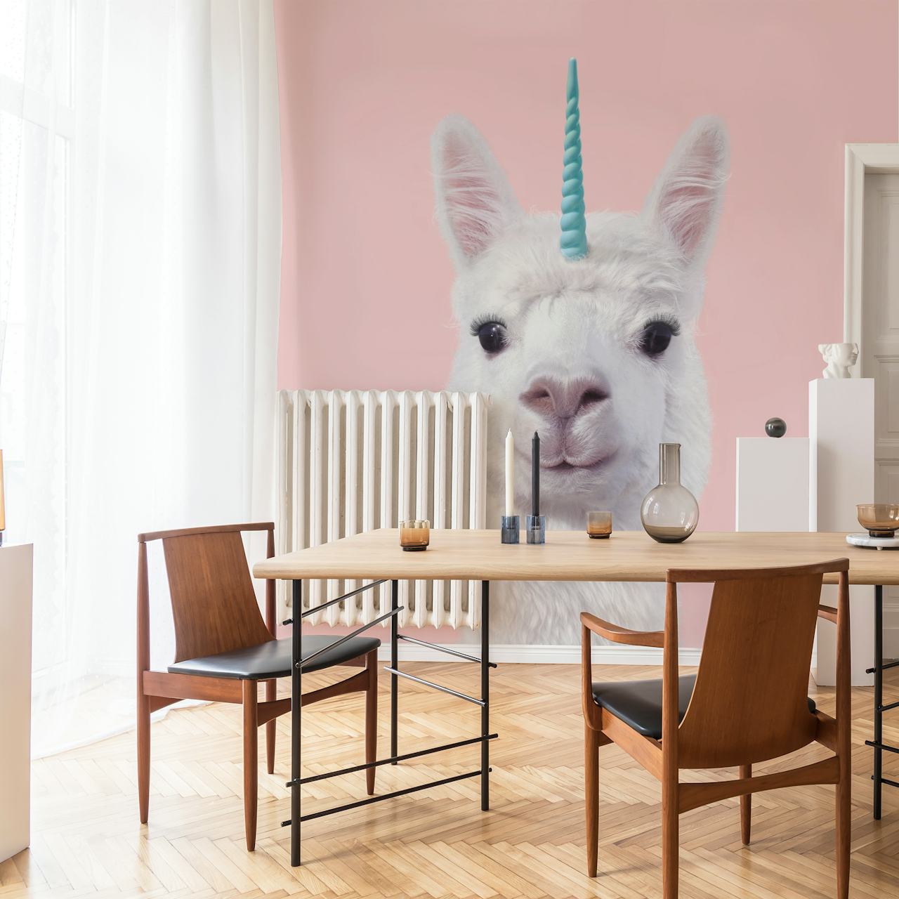 Unicorn alpaca with a teal horn on pink background wallpaper