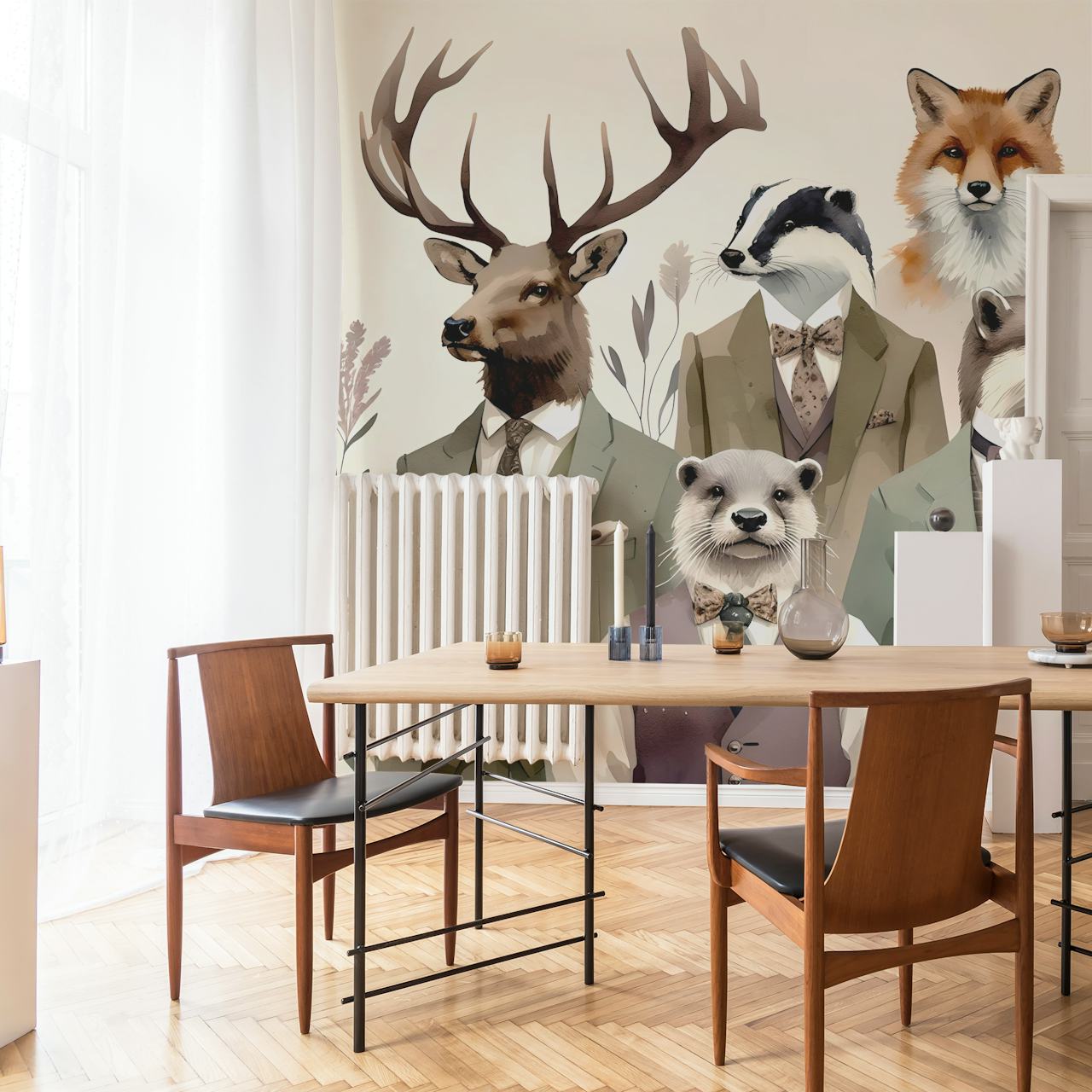 Illustrations of dapper animals in suits with floral details wallpaper