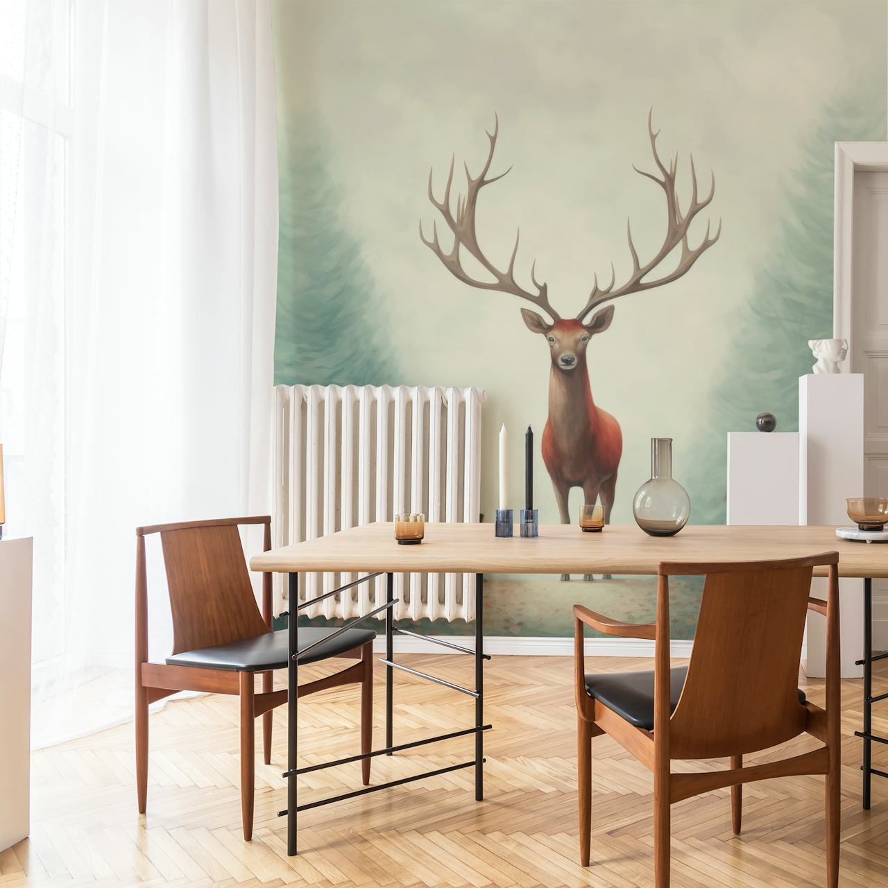 Large deer with antlers and a child in a foggy forest wallpaper