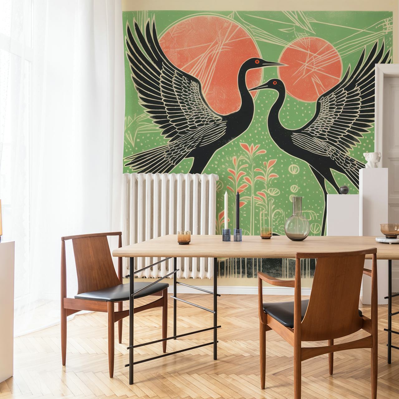 Folk Art Cranes wallpaper in a room