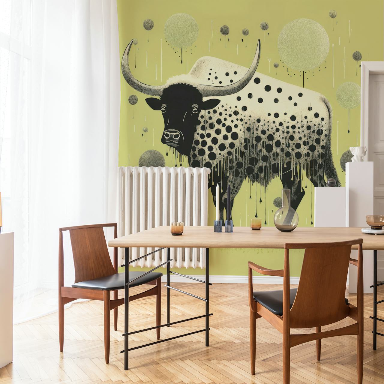 Green bison folk art wallpaper in a room