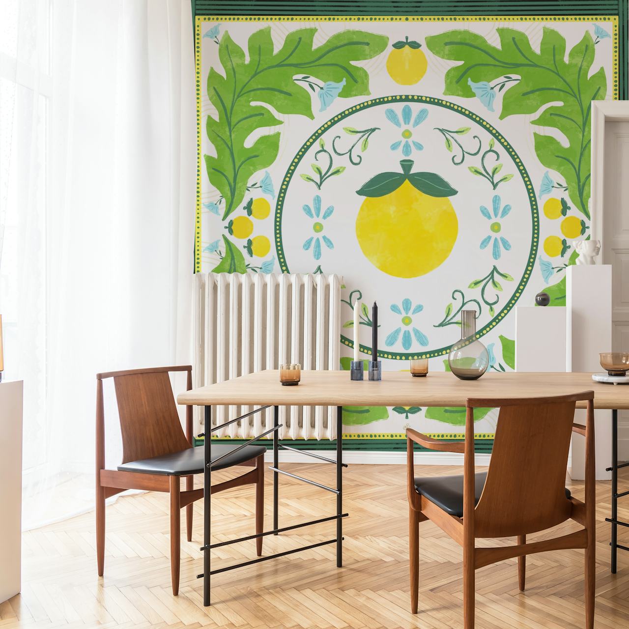 Floral and citrus pattern with yellow fruits and green leaves wallpaper