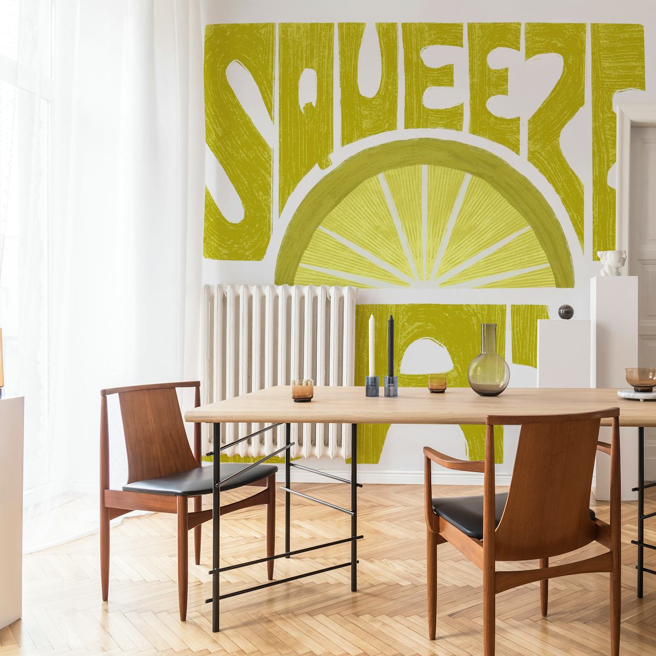 Lemon art wallpaper in a bright room