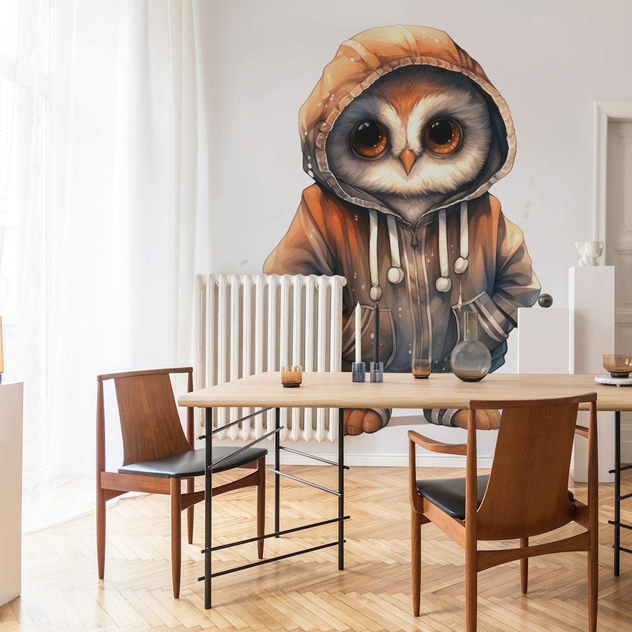 Tapete mit Watercolor Cartoon Owl in a Hoodie