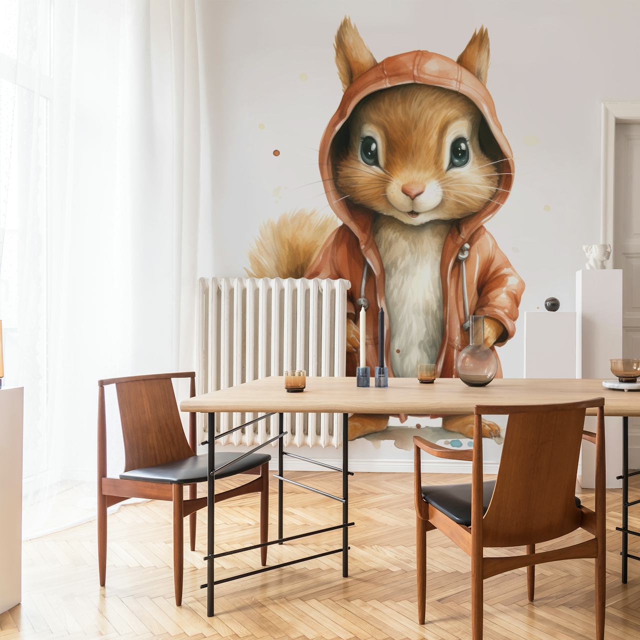 Watercolor cartoon squirrel in a hoodie wallpaper
