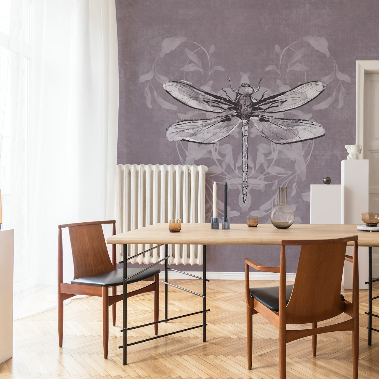 Black and white dragonfly with light floral accents on mauve background wallpaper