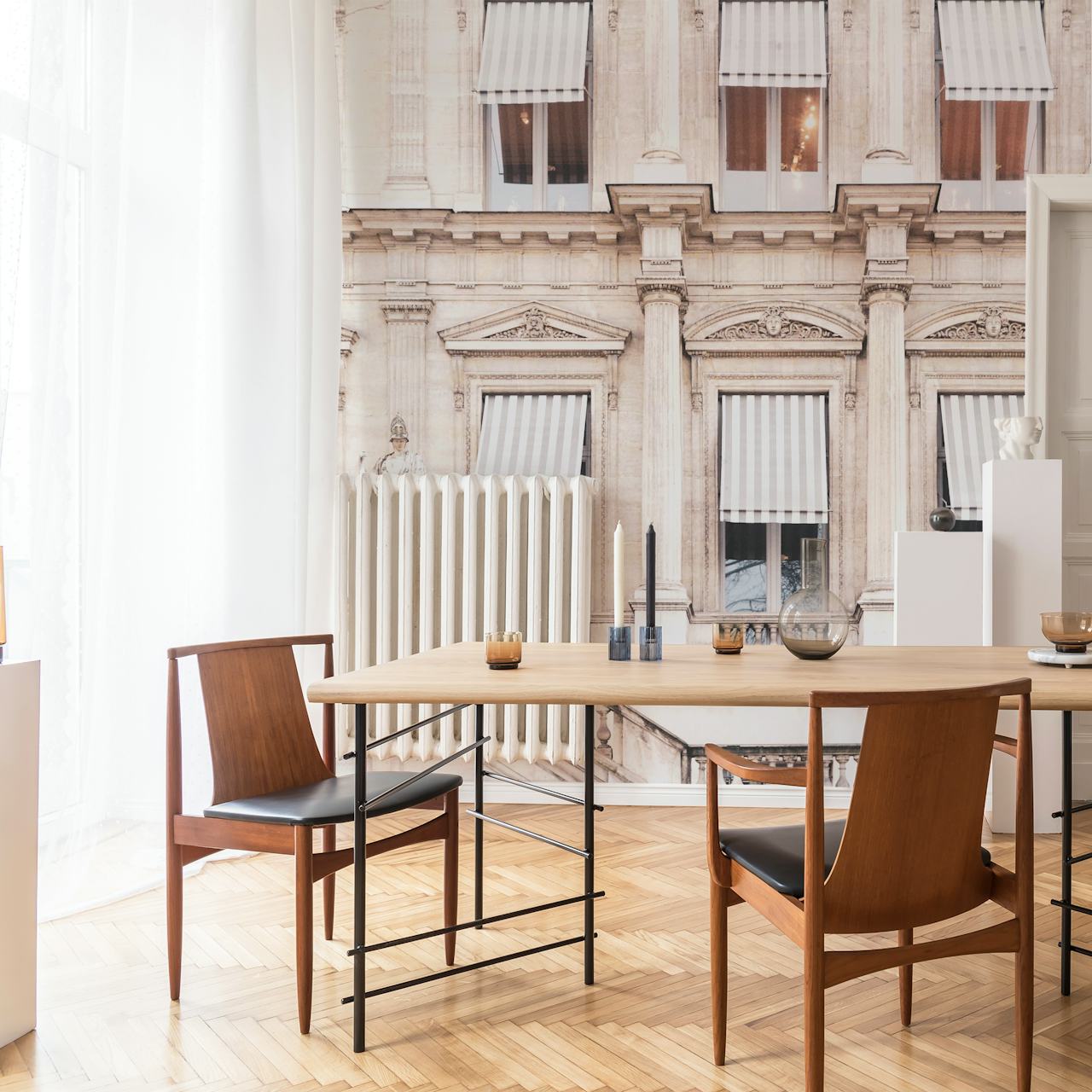 Striped awning on a Parisian building in soft beige tones wallpaper