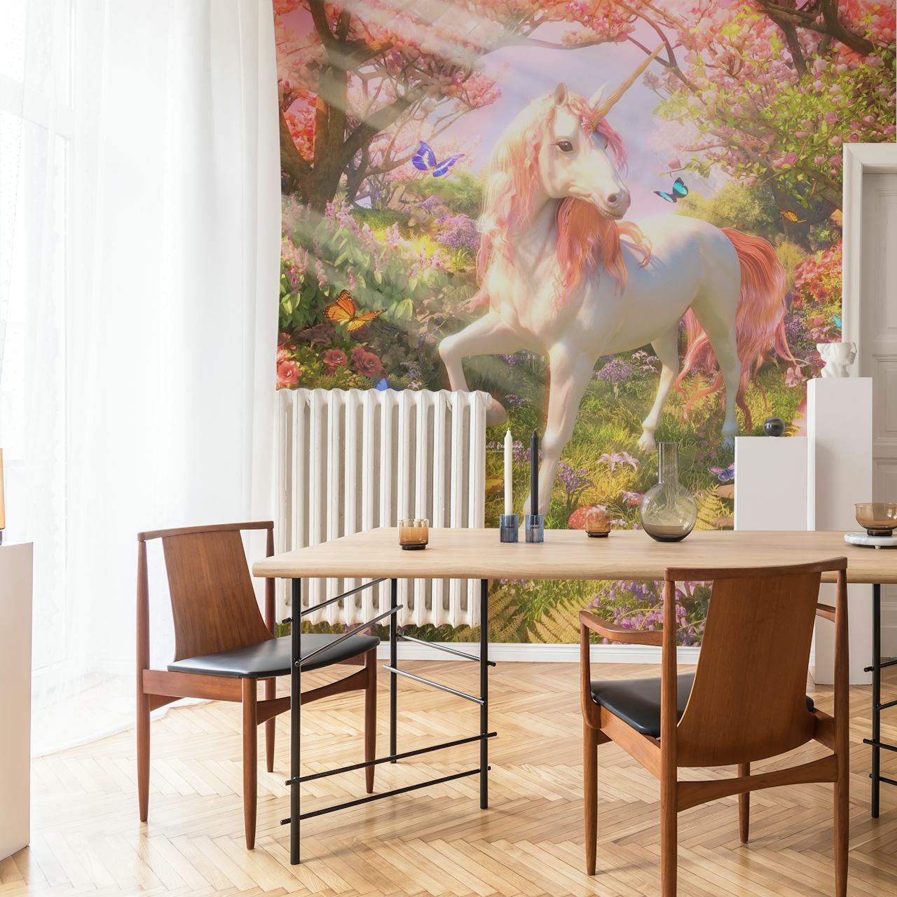 Enchanted unicorn in a spring meadow wall mural with butterflies and flowers.
