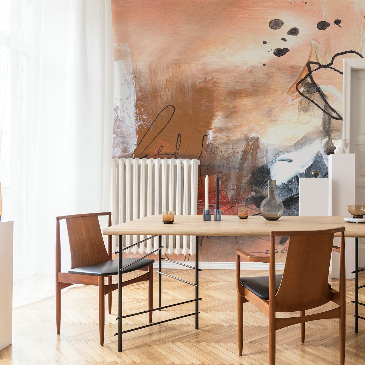 Abstract art wallpaper featuring brown, black, and white elements