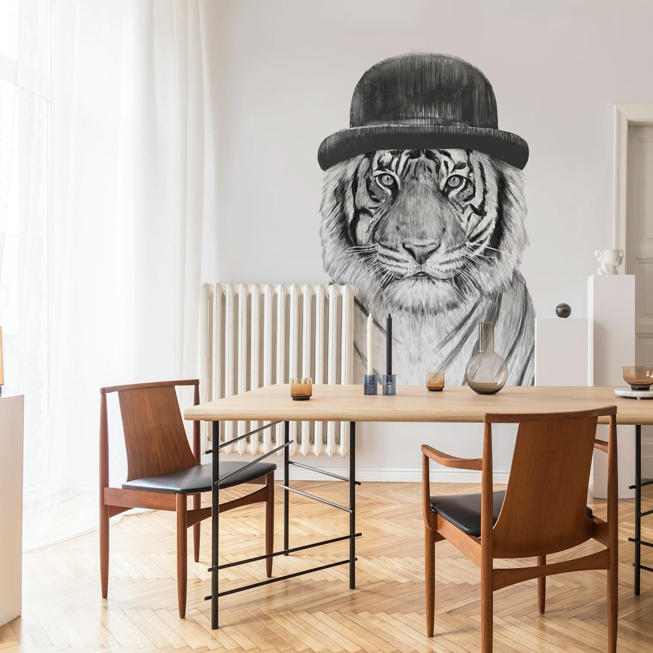 Τίγρη με καπέλο τοιχογραφία σε μαύρο και άσπρο