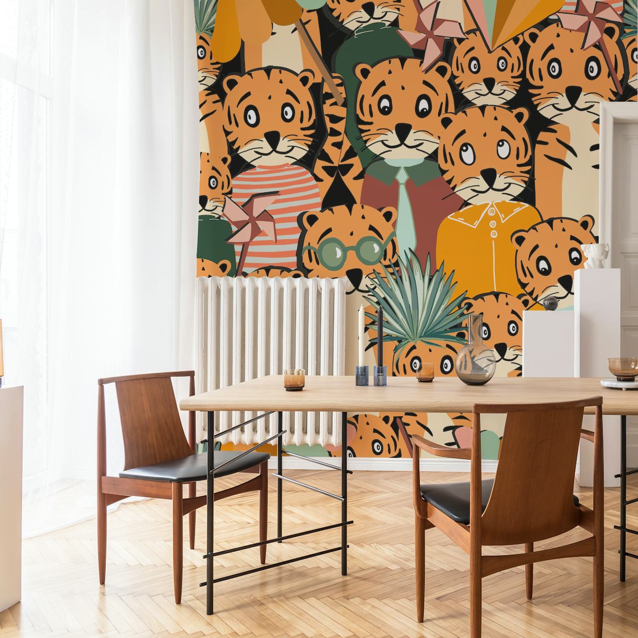 Cute tiger characters in orange and green colors wallpaper