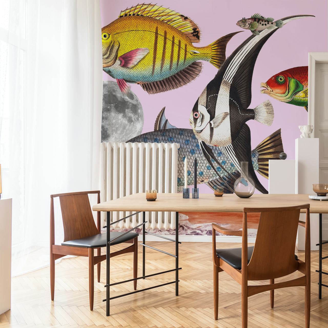 Kolorowa tapeta Fish World Pink w pokoju