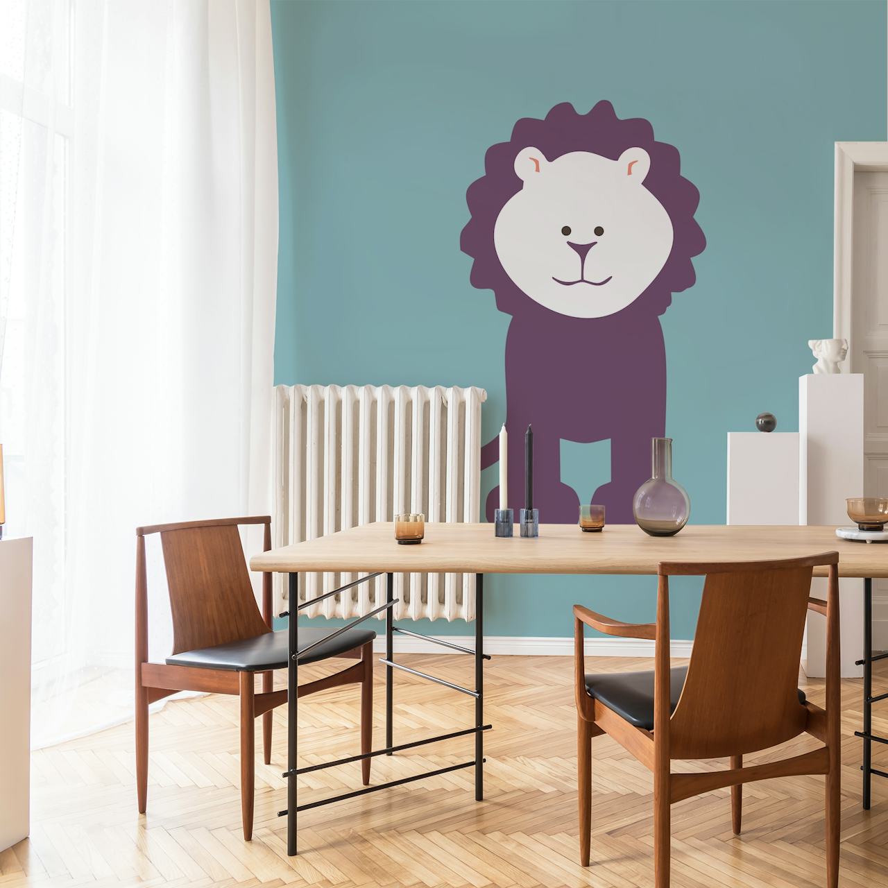 Teal blue lion art wallpaper in a room