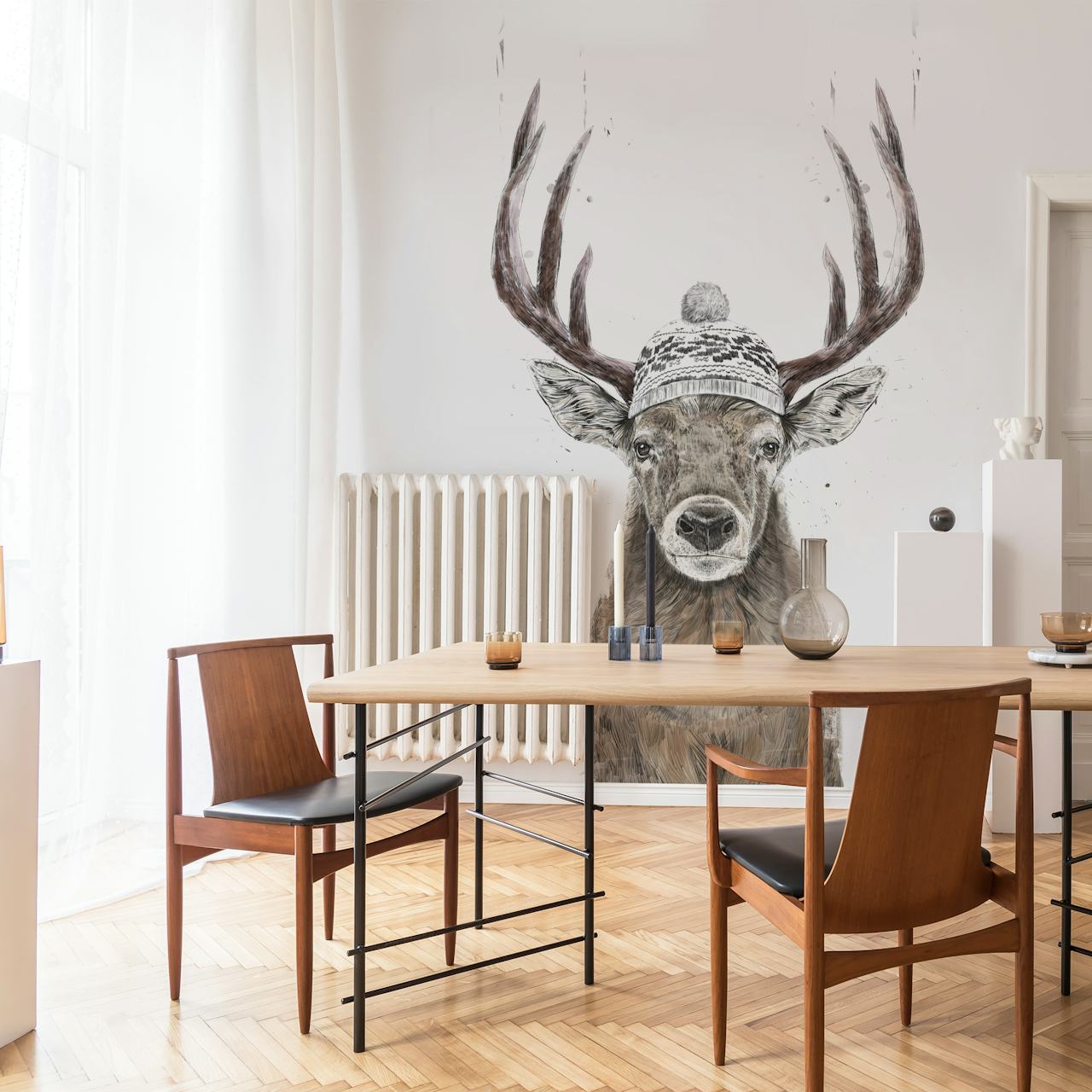 Artistic illustration of a deer wearing a knitted hat, neutral tones wallpaper