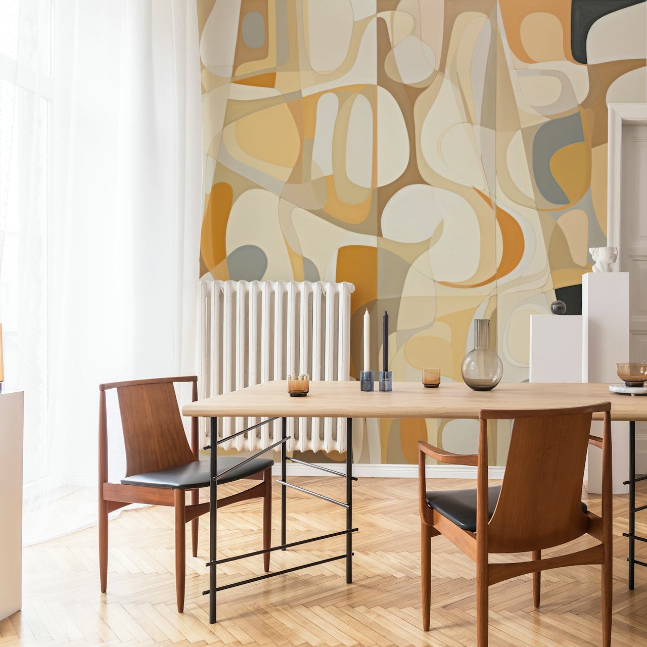 Geometric shapes in orange, beige and black wallpaper