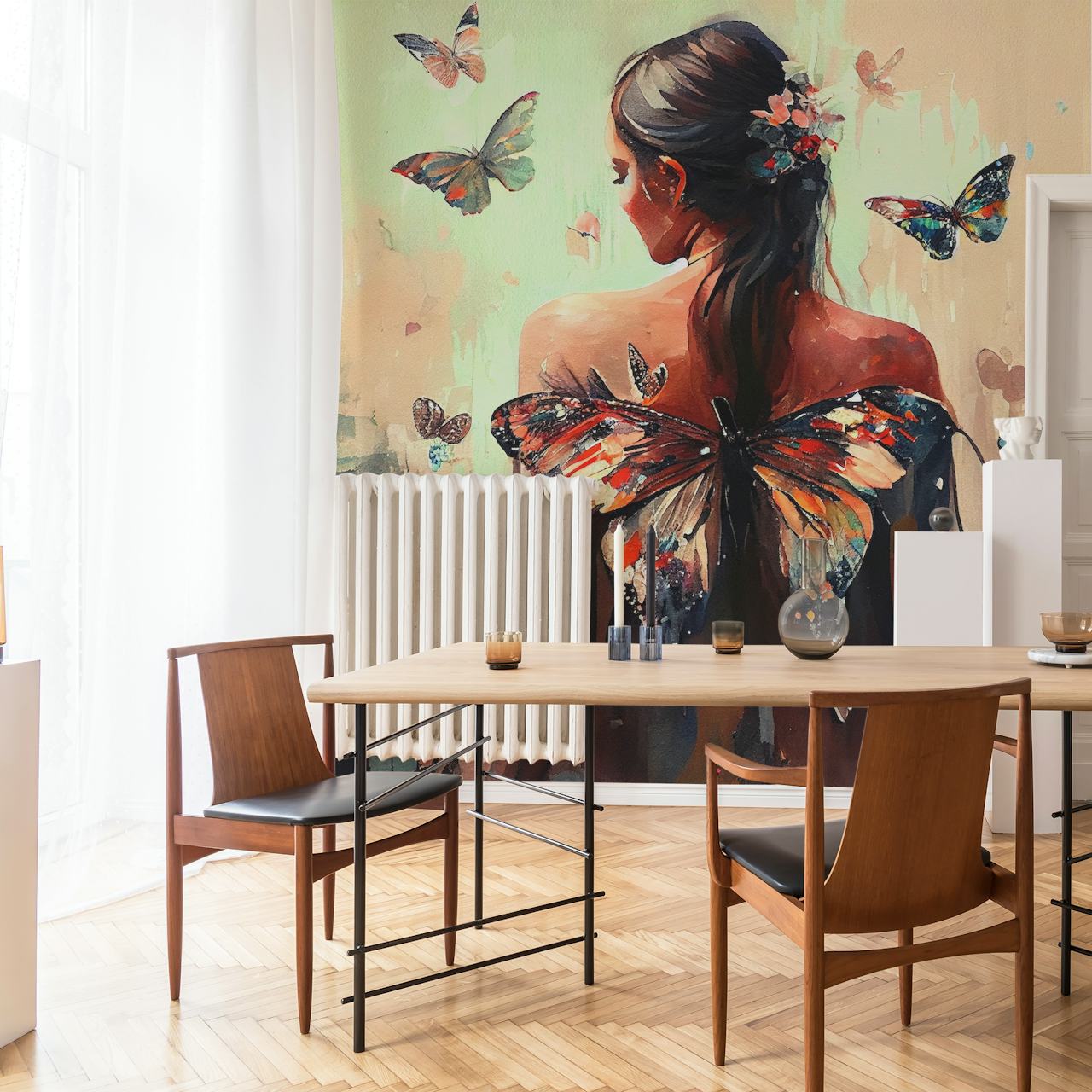 Umělecká fototapeta zobrazující ženská záda s motýlími křídly