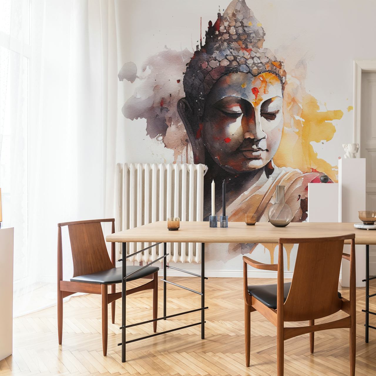 Watercolor Buddha painting with golden and gray tones wall mural.