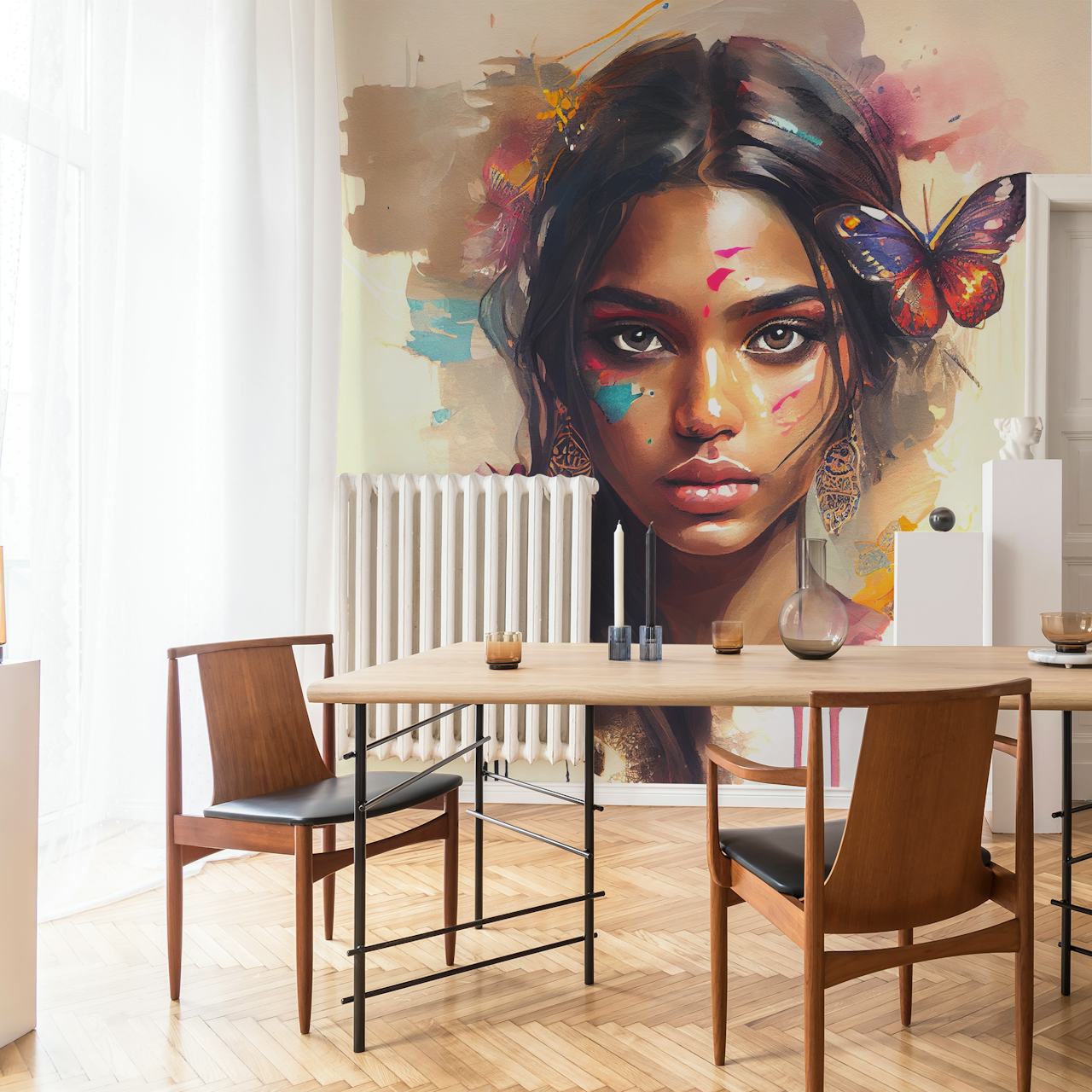 Diseño de papel tapiz Watercolor Hindu Woman en una habitación