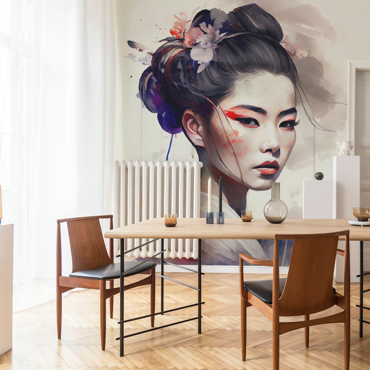 Watercolor Modern Geisha wallpaper in a room