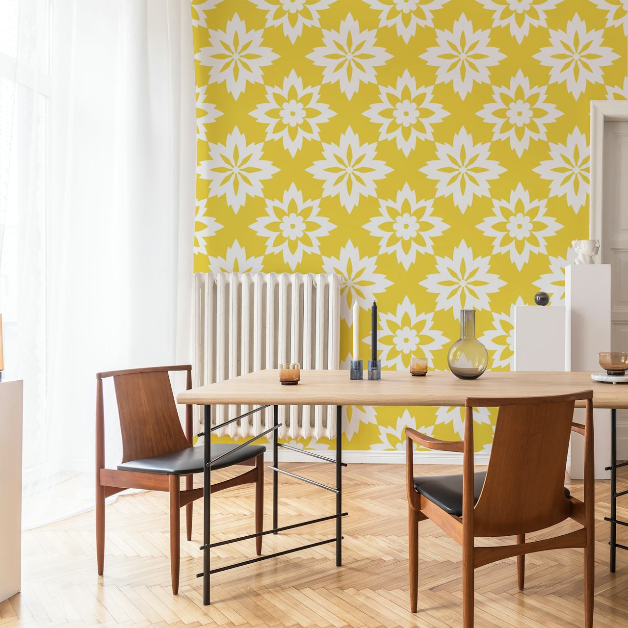 White floral pattern on mustard yellow wallpaper