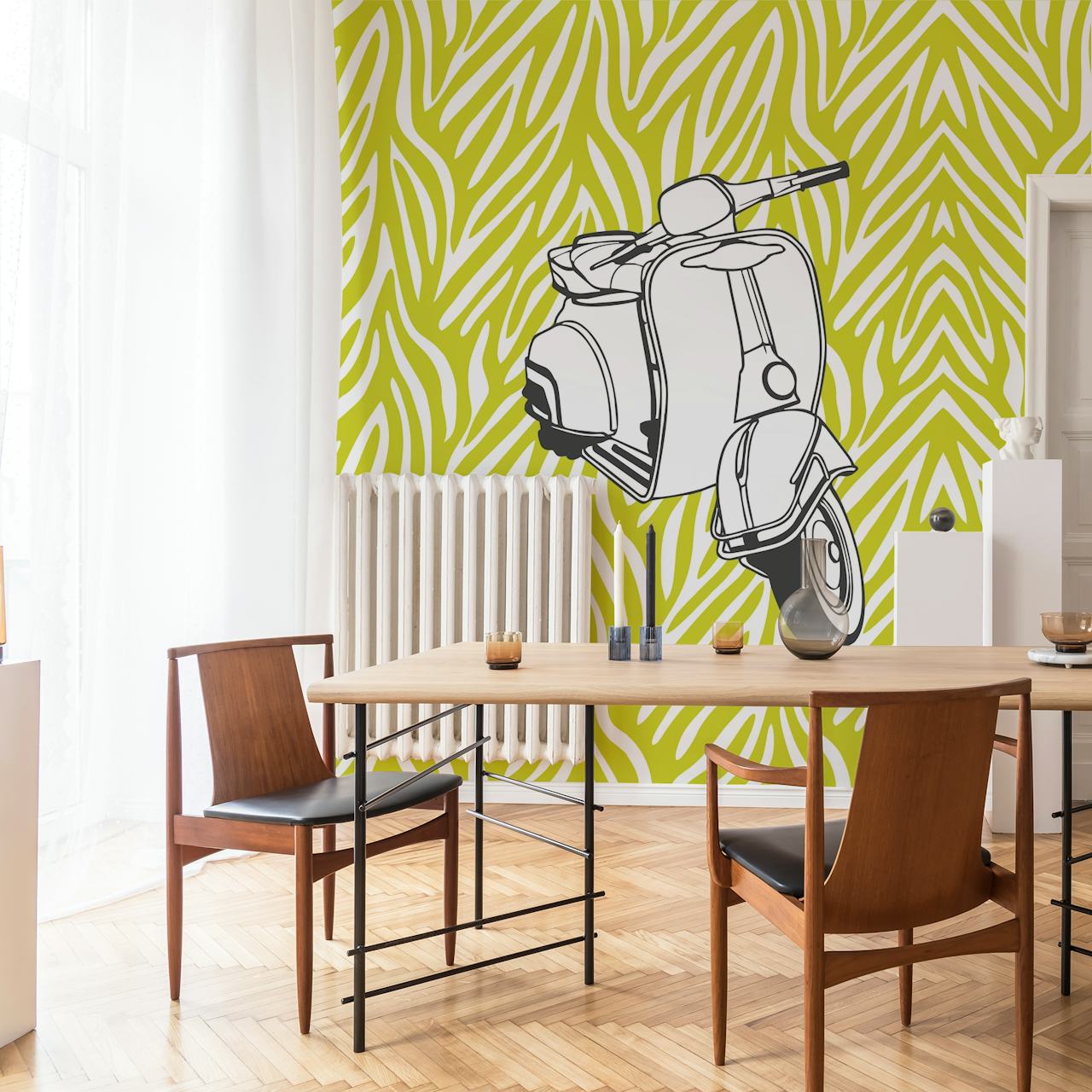 Papel de parede com estampa animal verde limão e gráfico Vespa