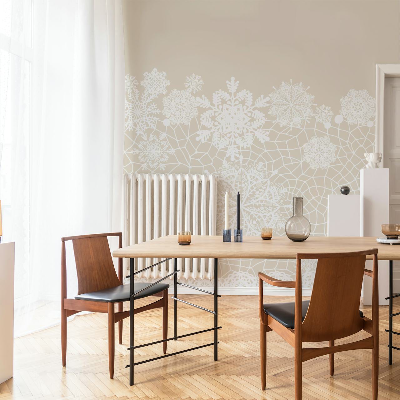 Lace floral pattern in white against a pale beige background wallpaper