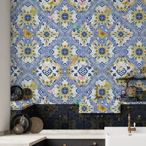 Yellow Flowers, blue tiles and butterflies