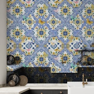 Blue tiles, yellow flowers and butterflies