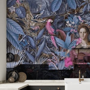 Baroque Lady With Parrots In The Jungle Blue Pink