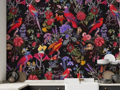 Flower Birds Midnight Garden