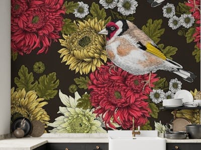 Goldfinch and chrysanthemums