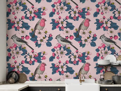 Birds and Blossoms on pink
