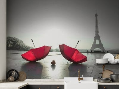 Red umbrellas and Eiffel Tower