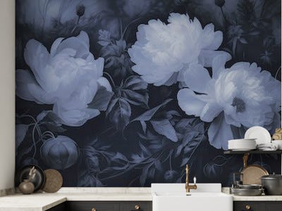 Opulent Baroque Flowers Moody Botanical Art Navy Blue