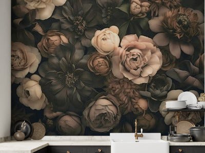 Opulent Baroque Flowers Moody Botanical Art Blush And Brown