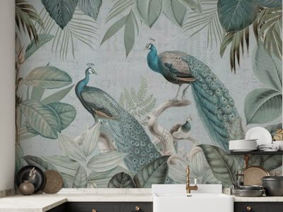 Majestic Peafowls In The Jungle And Vintage Typography Light Teal