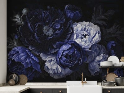 Blue Baroque Opulent Moody Floral Midnight Vintage Peonies And Roses