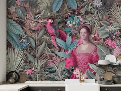 Baroque Lady With Parrots In The Jungle