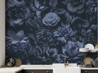 Opulent Baroque Floral Moody Botanical Art Midnight Blue